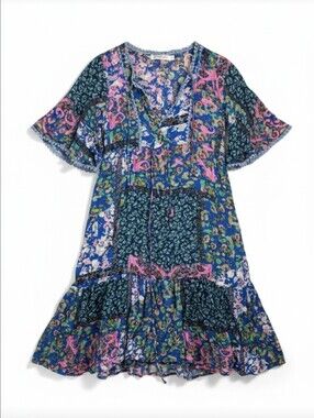 Pink Diamond Boho Floral Paisley Patchwork Mini Dress Small | Lace Trim Tiered